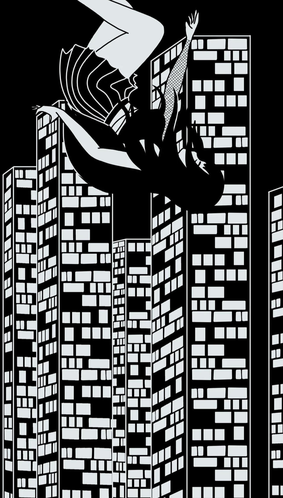 A monochrome figure falling between tall buildings