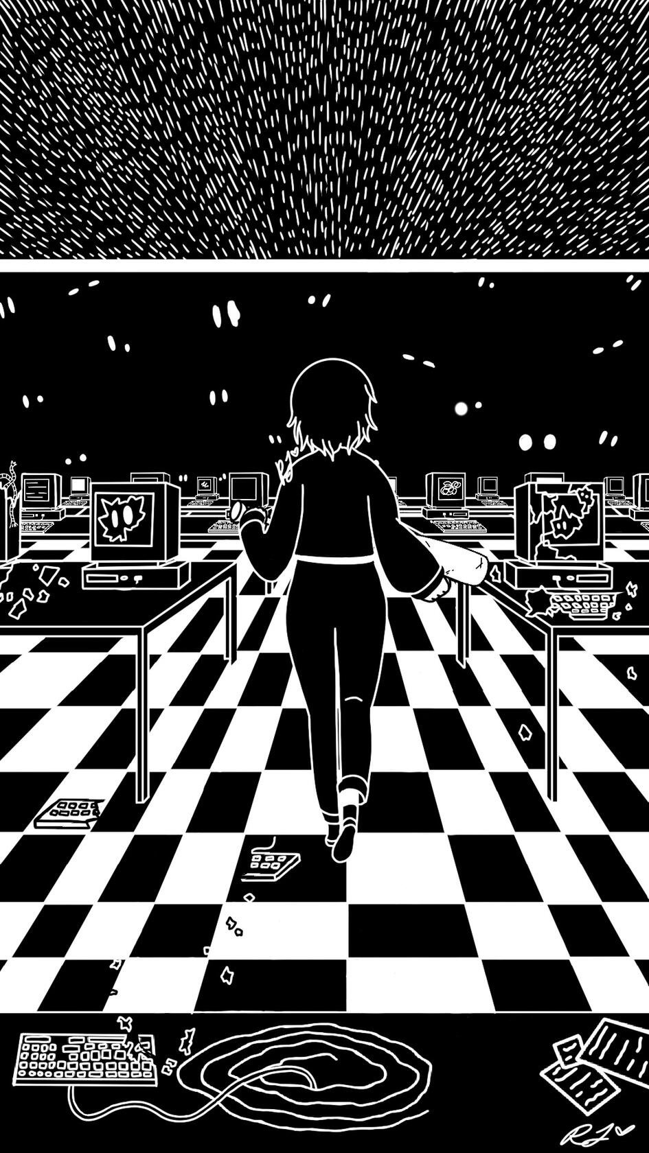 A character walks through a checkered computer room as monitors break around them