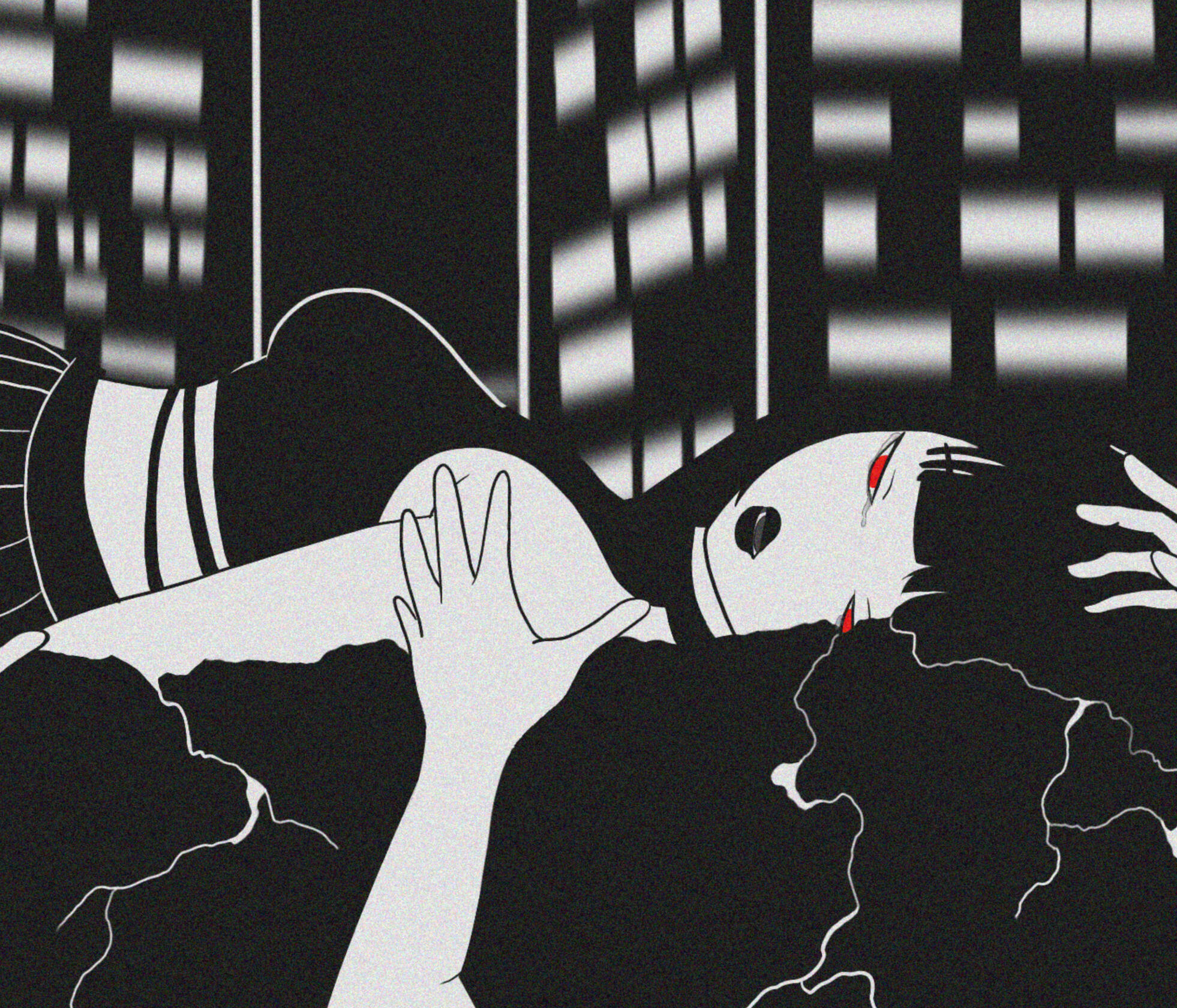 A grain-textured monochrome figure covering their face against a city backdrop