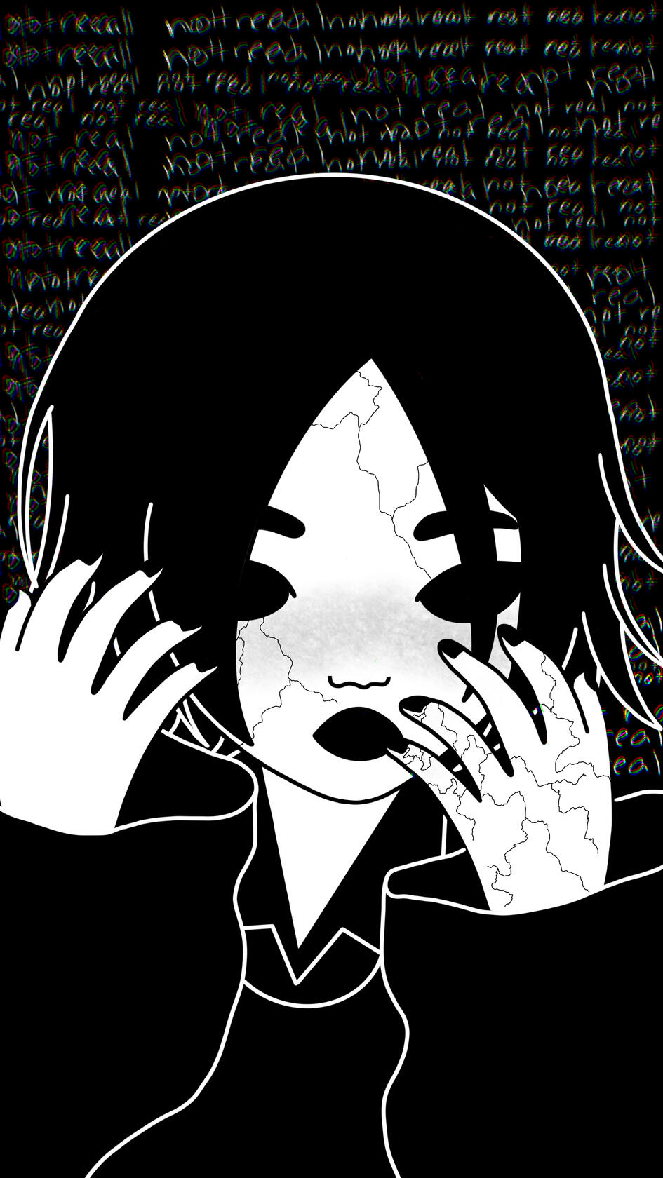 Black and white portrait with hands framing a cracked face and repeated not real lettering in the background