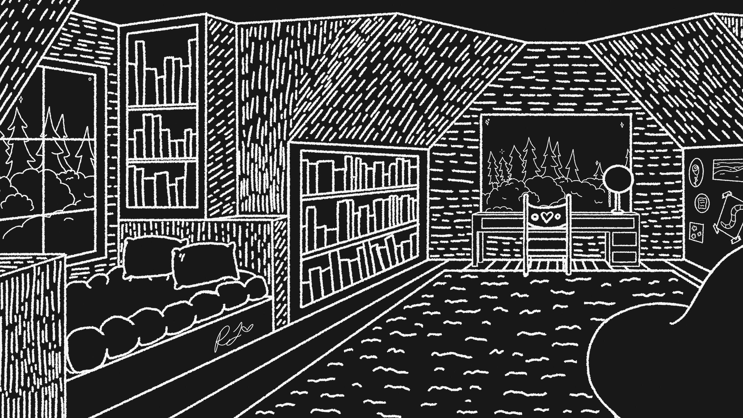 Black and white room with bookshelves, a window seat, a desk, and trees outside