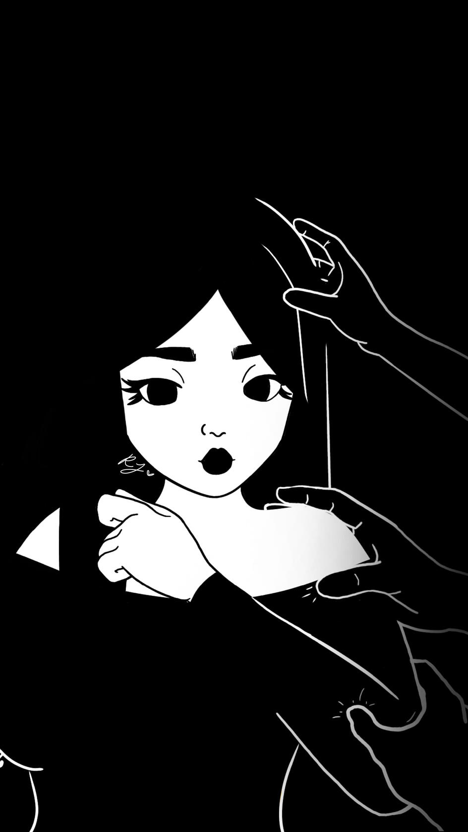 Monochrome portrait surrounded by outlined hands touching the character’s hair and shoulders