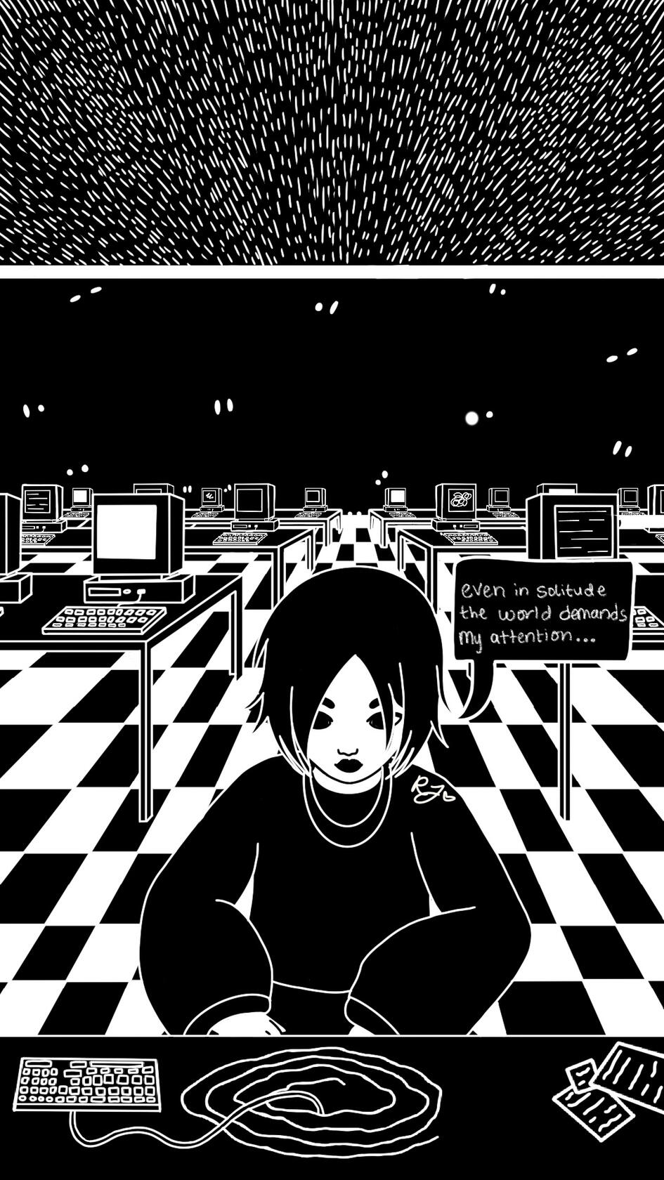 Black and white illustration of a seated character in a computer room with checkered floors and eyes watching from the darkness