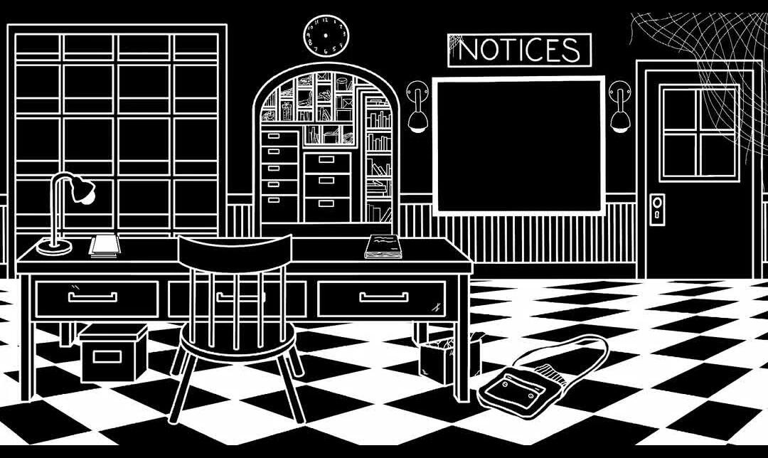 A monochrome study with checkered floors, shelves, and a notice board