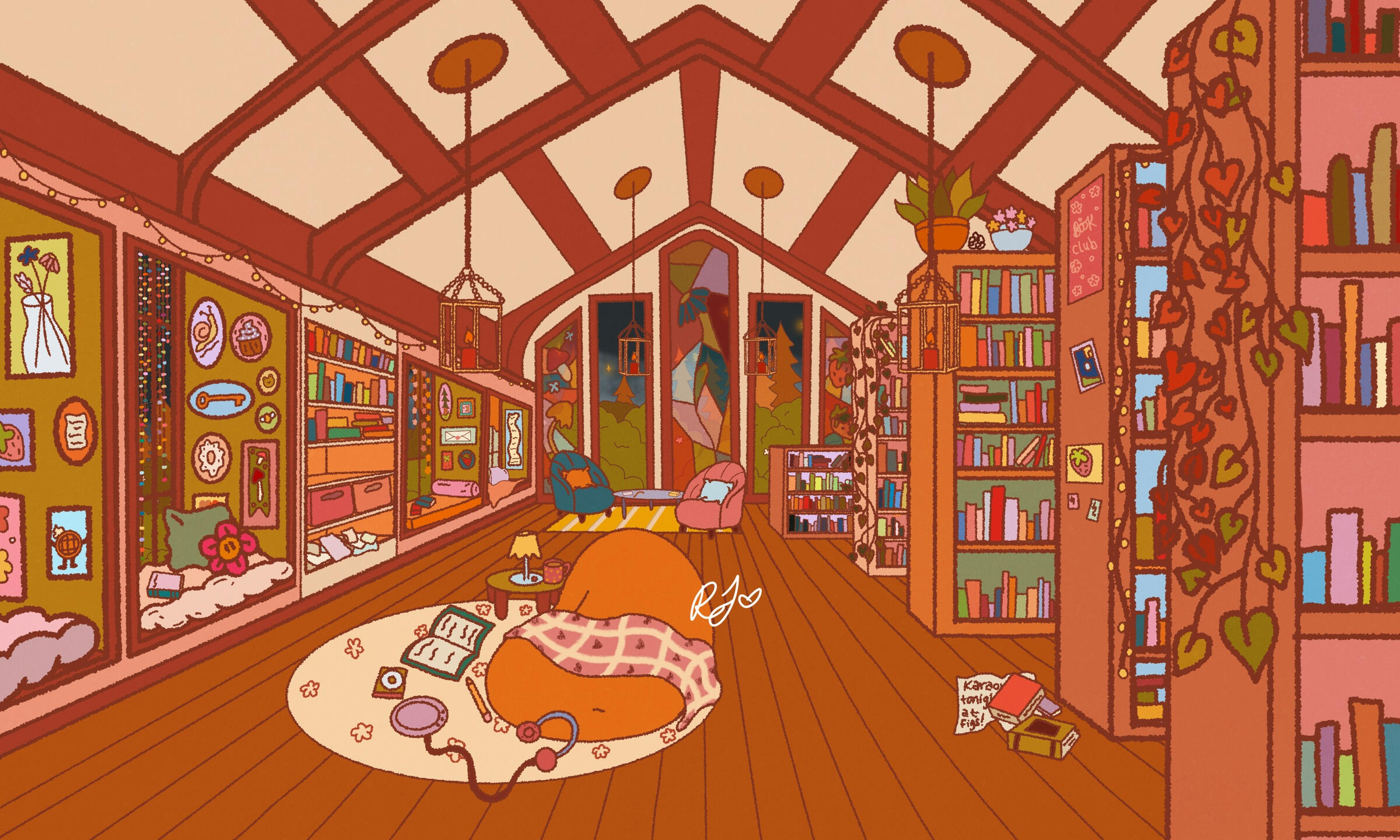 A warm Fernwick library filled with books, plants, and reading nooks