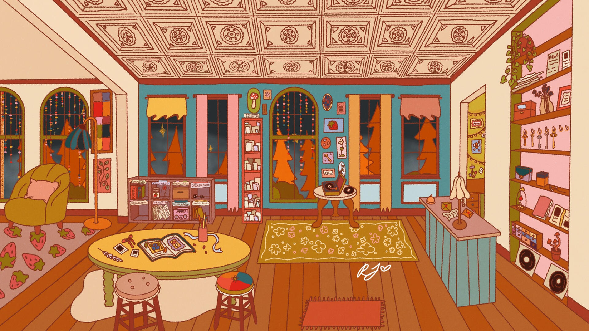 A warmly colored room with an ornate tiled ceiling, craft table, records, plants, and shelves
