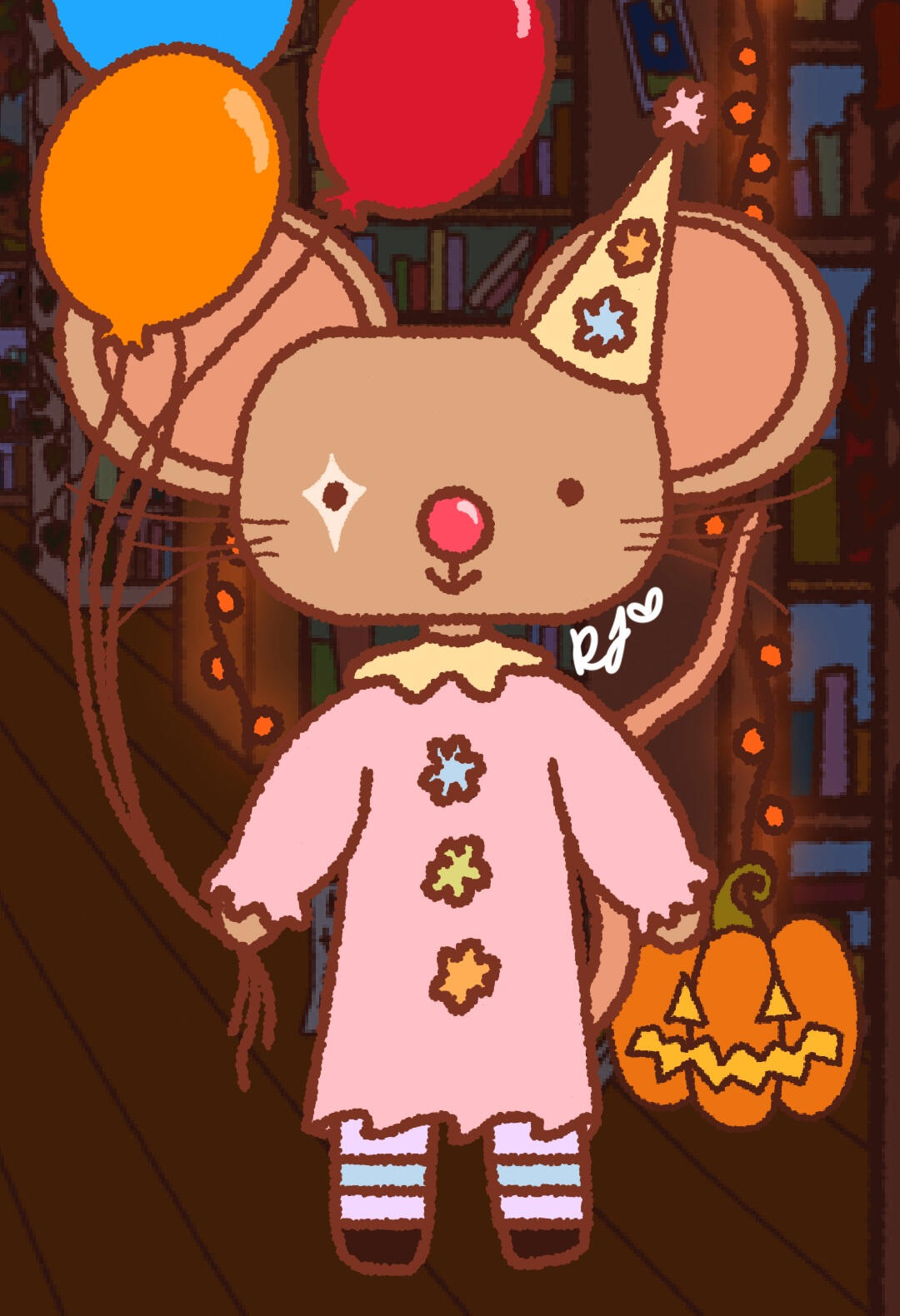 A mouse in a pink clown costume holding colorful balloons and a pumpkin bucket